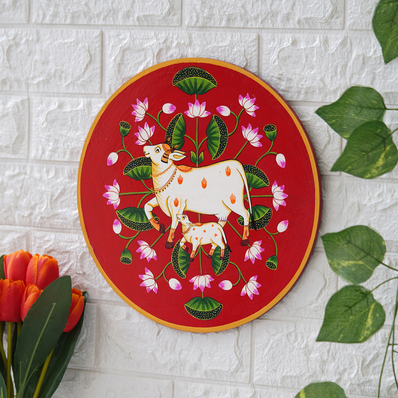 This beautiful pichwai painting features a mother cow and her calf, a timeless symbol of nurturing love. - Image 3