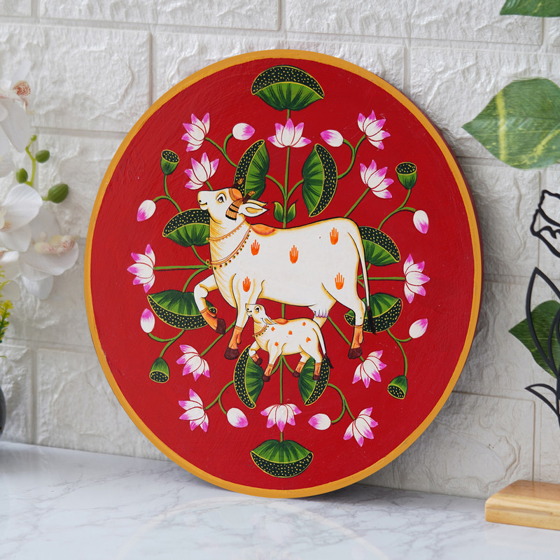 This beautiful pichwai painting features a mother cow and her calf, a timeless symbol of nurturing love. - Image 4