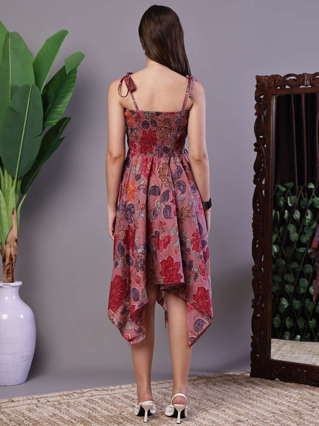 Women’s Maroon Floral Printed Cotton Handkerchief Hem Midi Dress - Image 2