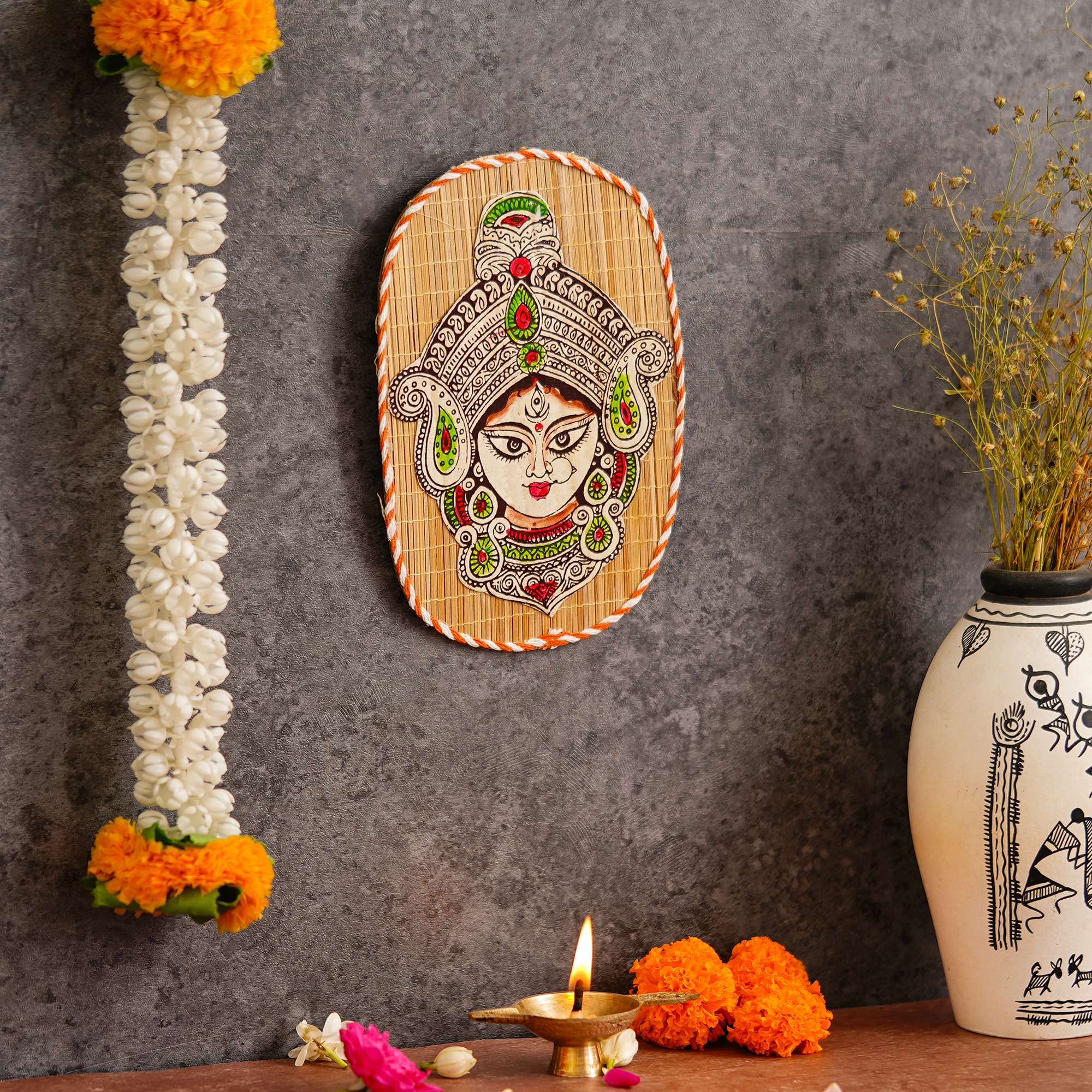 Oval Shaped Design Bamboo Hand Crafted Wall Hangings Durga Ji For Home D?cor | Bamboo Art For Wall Decor