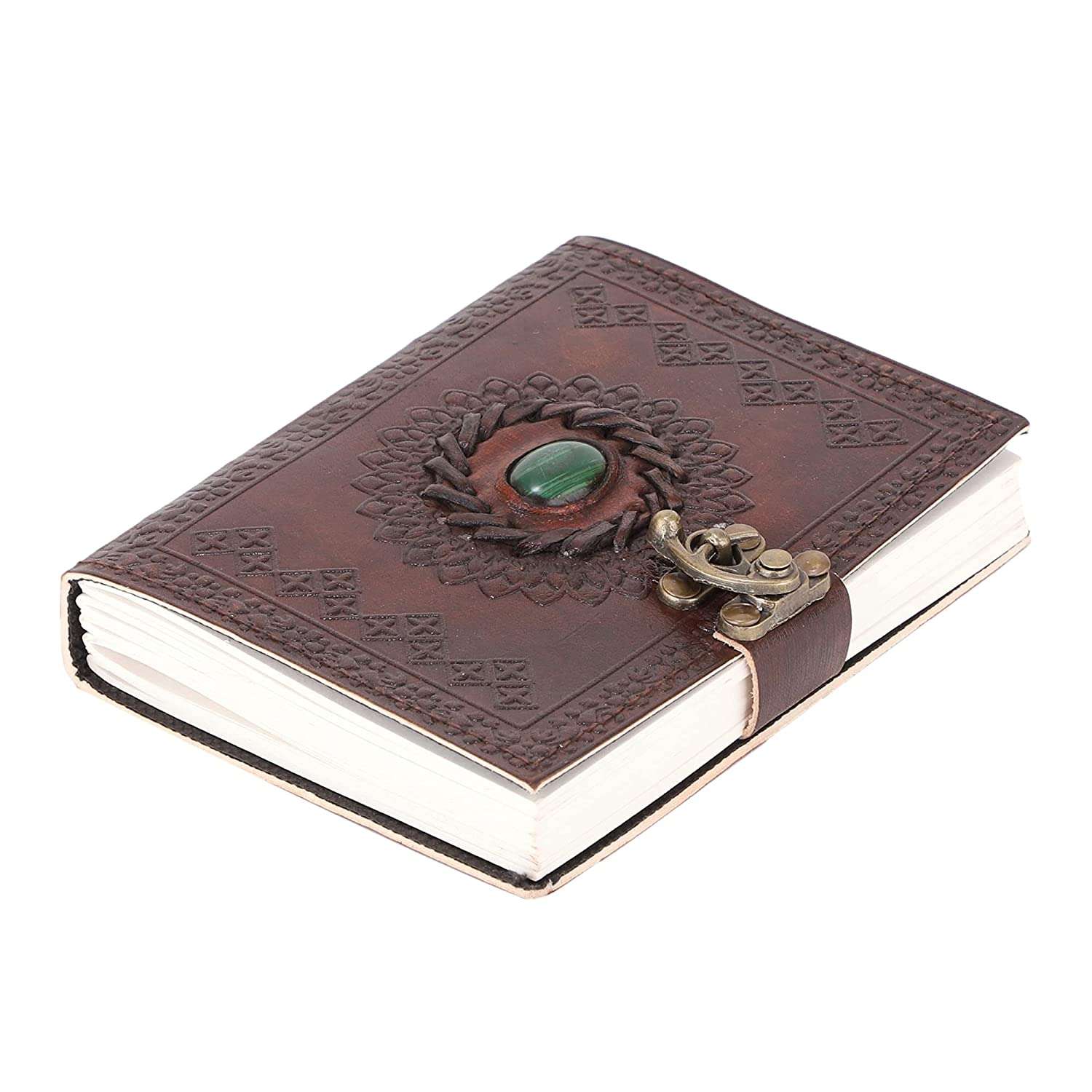 Brown with Green Stone Handmade Leather Diary & Journal