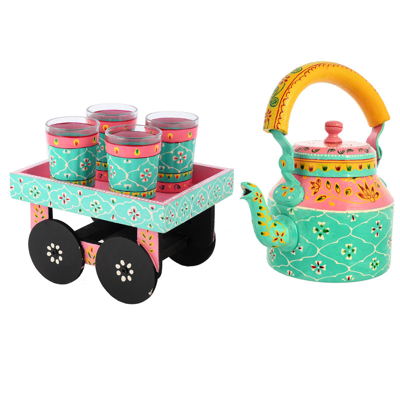 HandPainted Alluminium Tea Kettle with Four Glasses and Wooden Tray For Home Décor , Tea Party , Serving