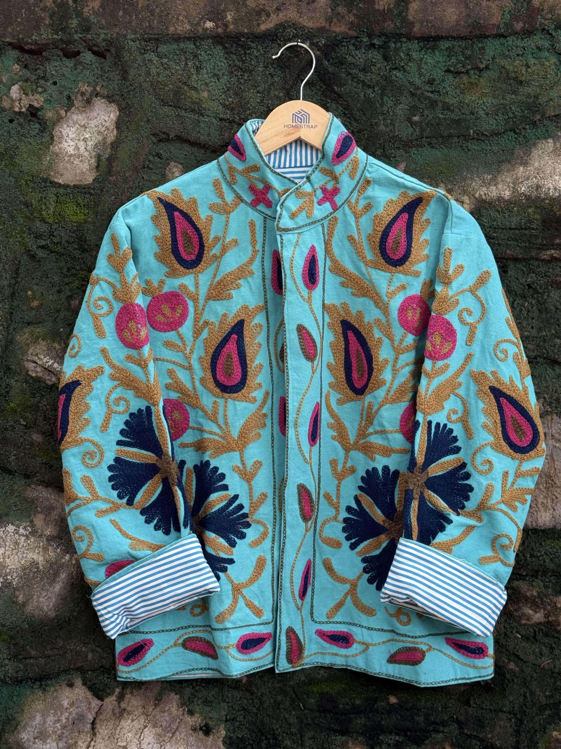 Womens Teal Blue Velvet Embroidered Jacket with Floral Design - Image 6