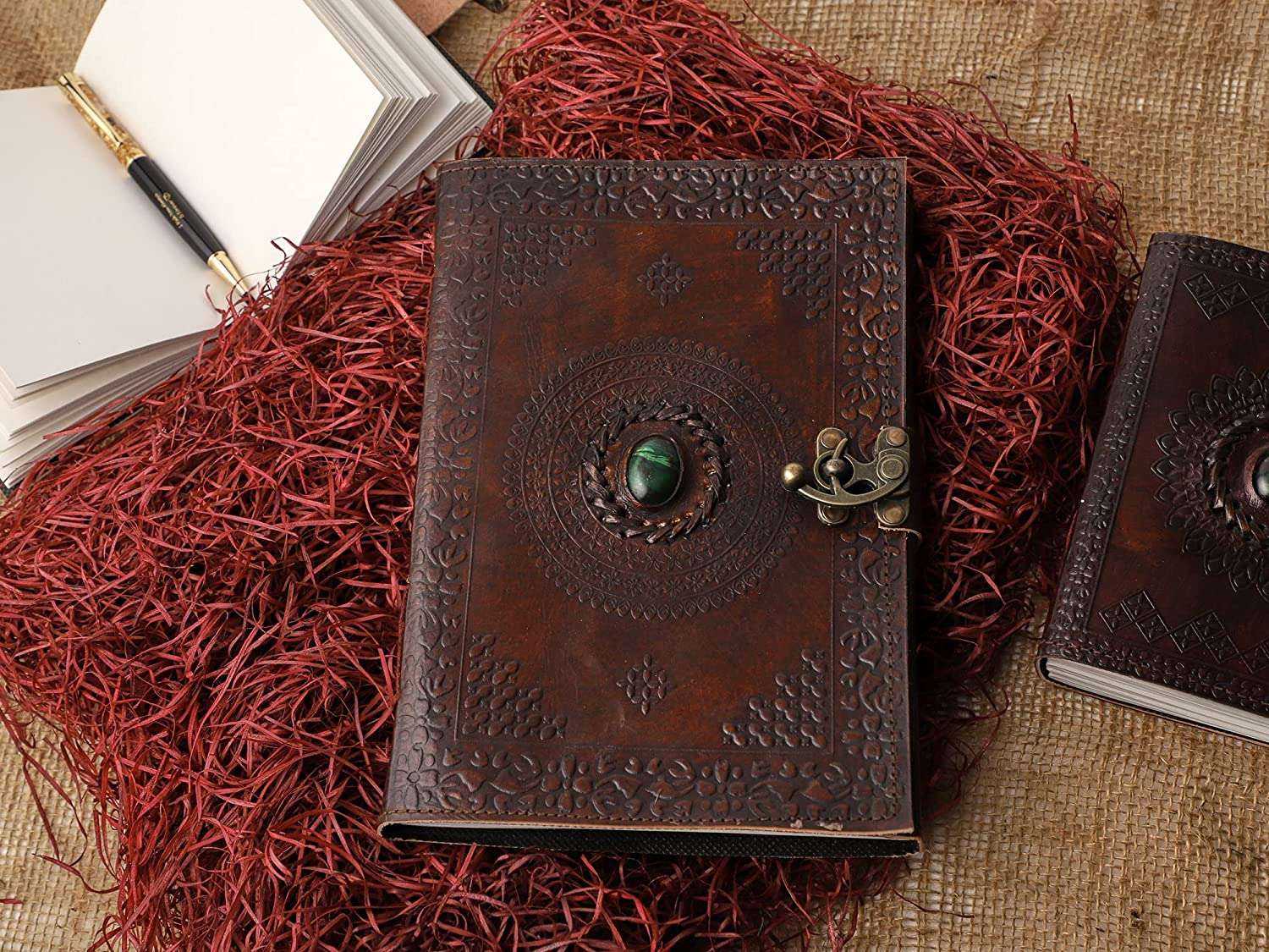 Brown with Green Stone Handmade Leather Diary & Journal