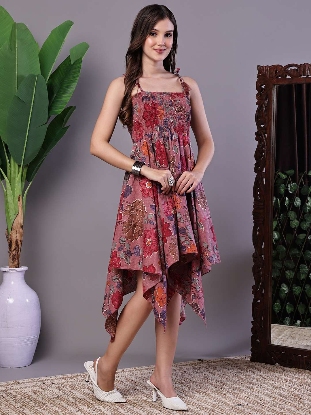 Women’s Maroon Floral Printed Cotton Handkerchief Hem Midi Dress - Image 4