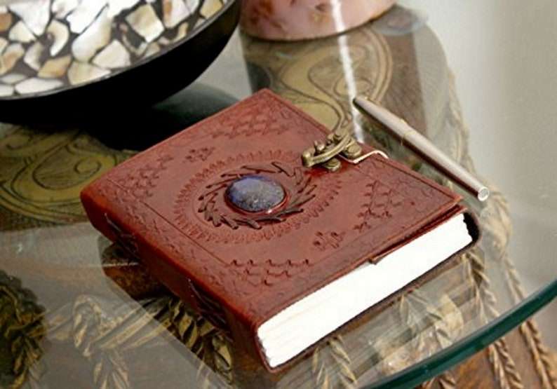 Brown with Green Stone Handmade Leather Diary & Journal