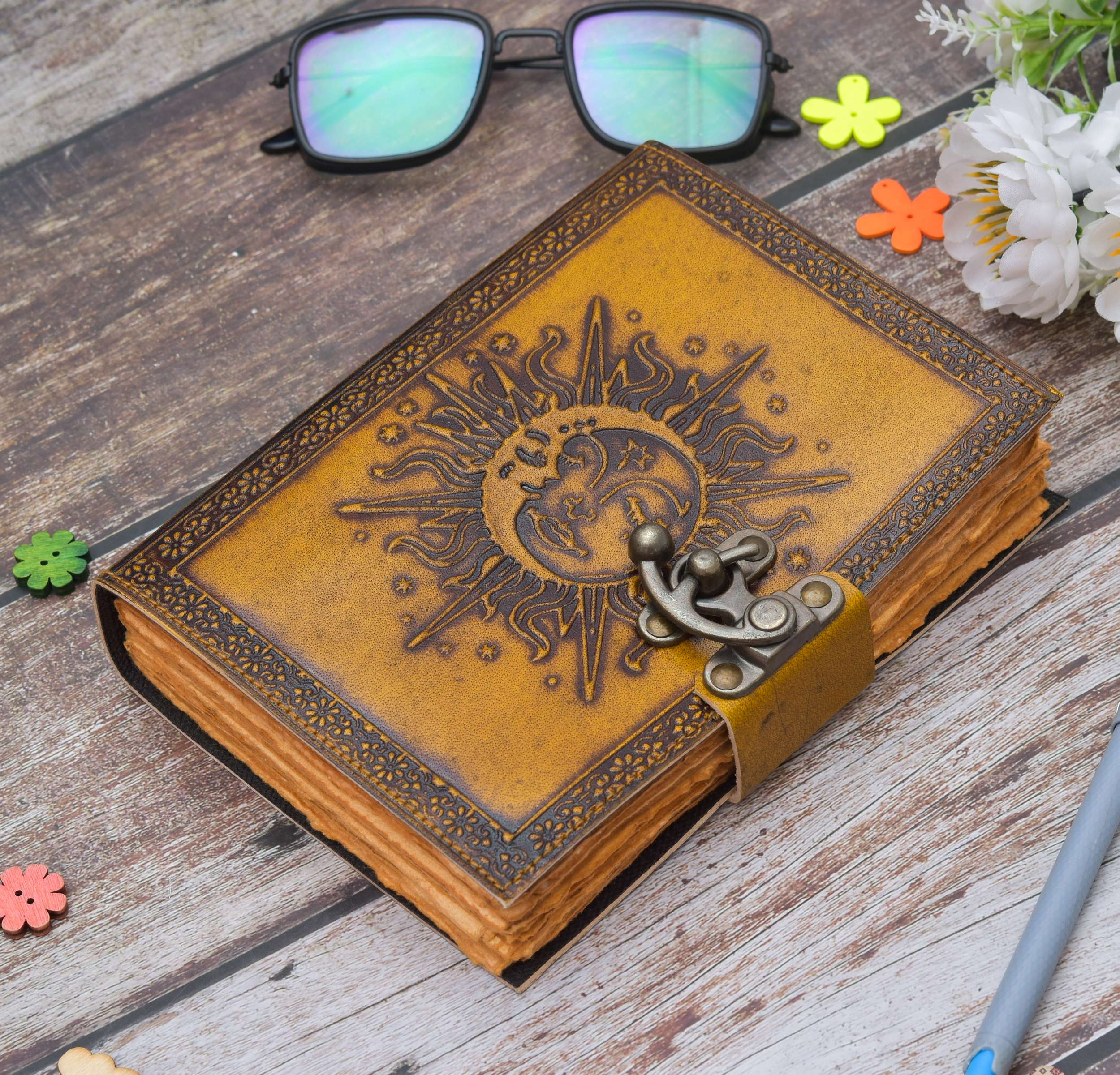 Yellow Sun and Moon Handmade Leather Diary & Journal