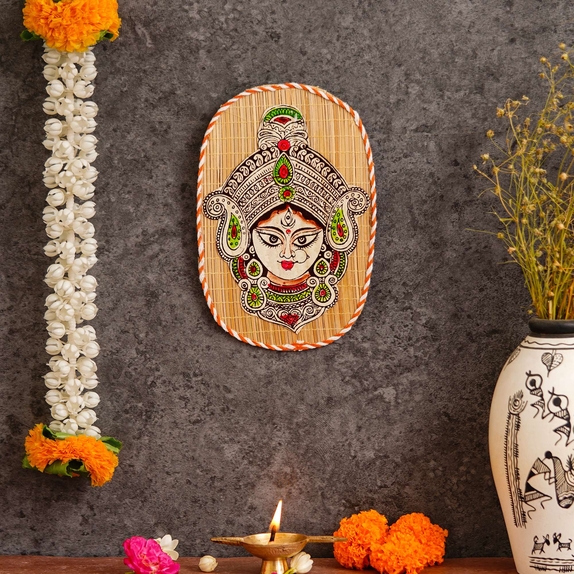 Oval Shaped Design Bamboo Hand Crafted Wall Hangings Durga Ji For Home D?cor | Bamboo Art For Wall Decor - Image 2