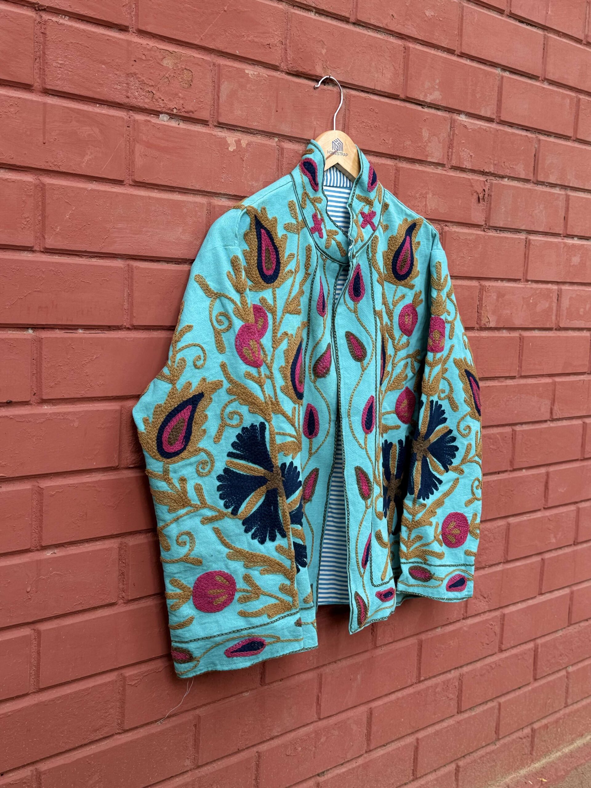 Womens Teal Blue Velvet Embroidered Jacket with Floral Design - Image 3