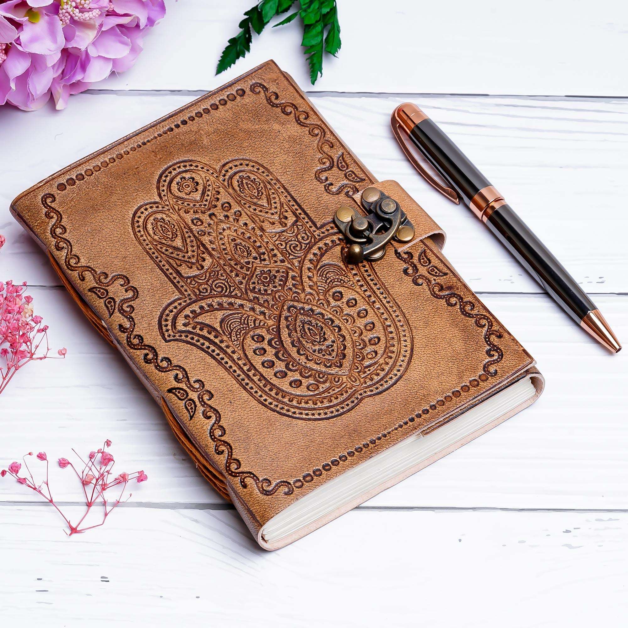 Tan Hamsa Hand Handmade Leather Diary & Journal