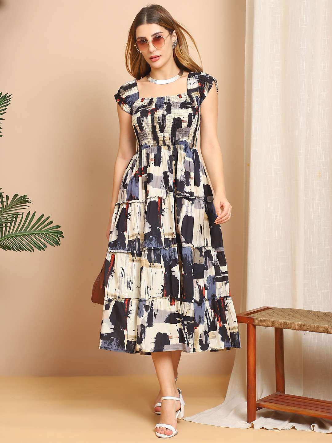 Womenās Viscos Rayon Printed Off Shoulder Midi Dress For Summer And Casual Wear