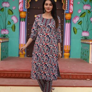 Navy Blue & Red Paisley Print Cotton Kurta Set with Zig-Zag Pants for Women