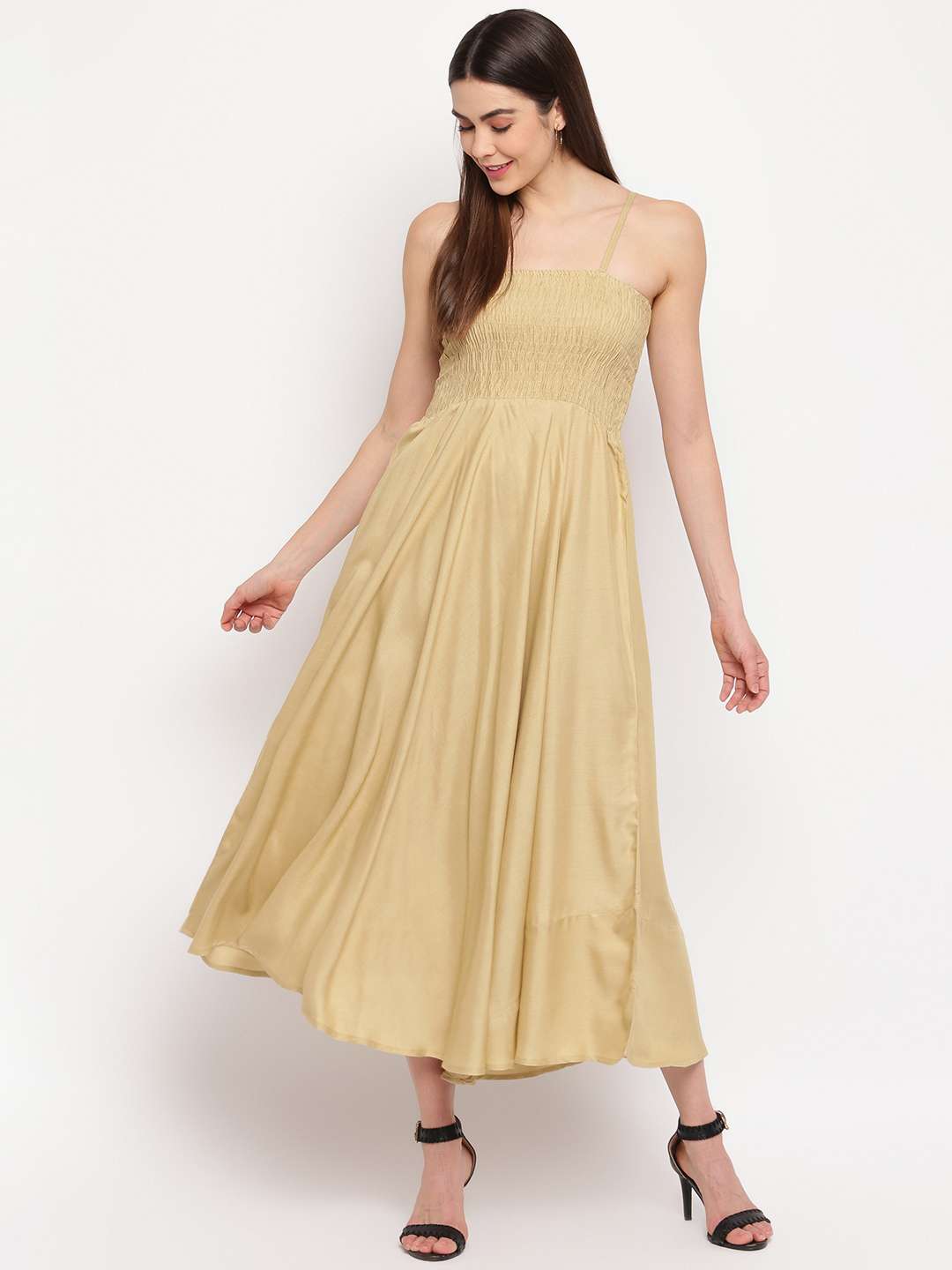Women’s Viscose Rayon Solid Shoulder Straps Sleeveless Flared Gown Drees (Beige) - Image 5