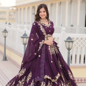 Wine Georgette Lehenga Choli with Sequins Embroidered Dupatta ?