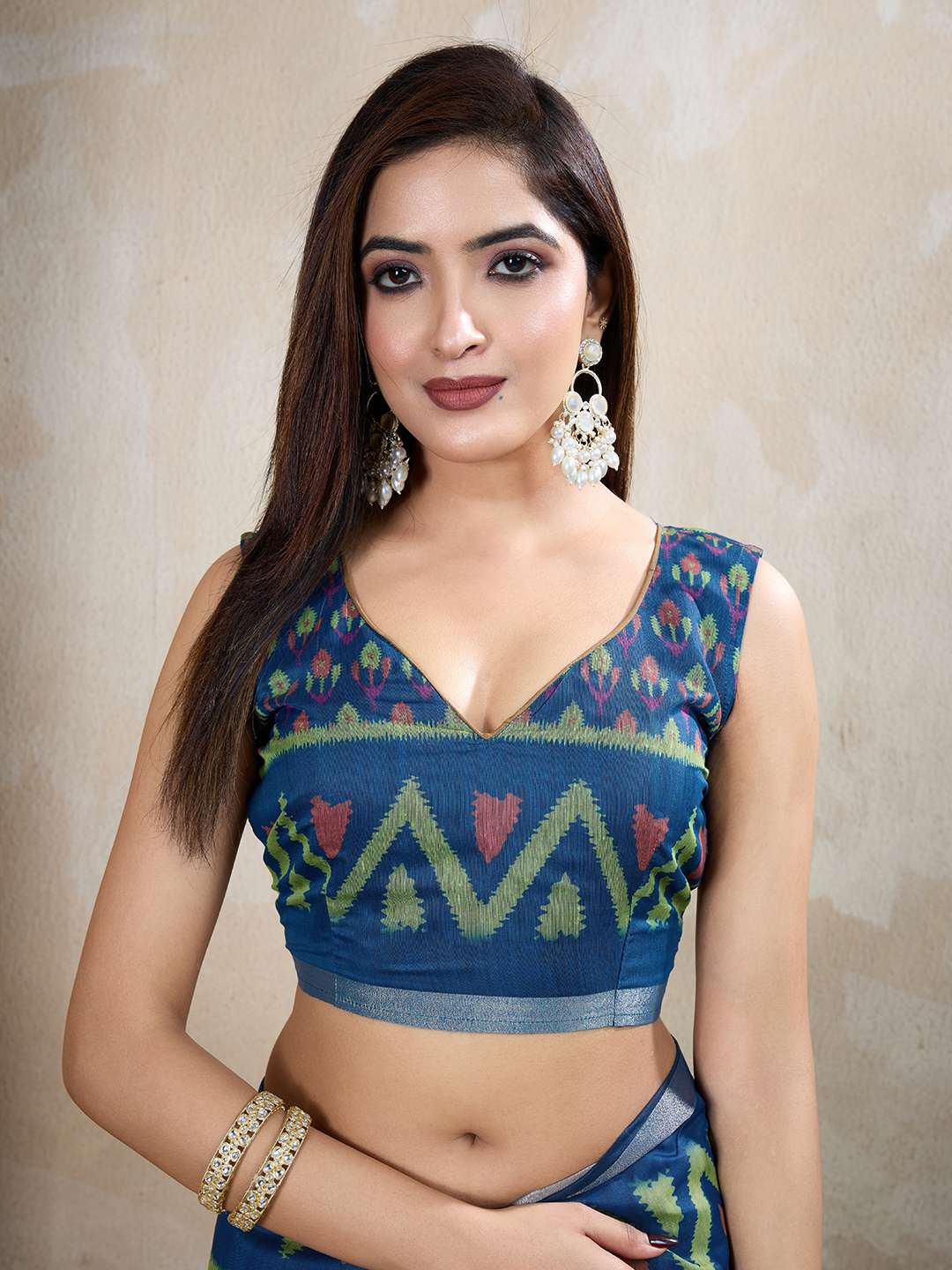 Brown & Blue Ikat Printed Chanderi Saree ? Elegant Traditional & Festive Wear - Image 3