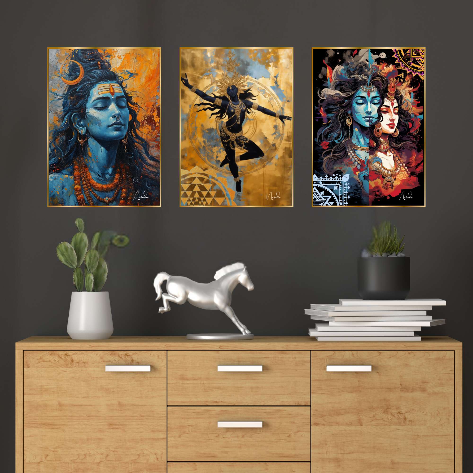 Set of Three Wall Paintings for Wall Dacoration Golden Framed Wall Paintings for Living Room & Bedroom Wall Art for Home Deco
