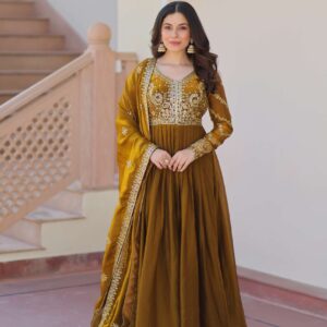 Mehandi Premium Fendy Fabric Gown with Sequins-Multi Embroidered Dupatta ? Elegant Partywear