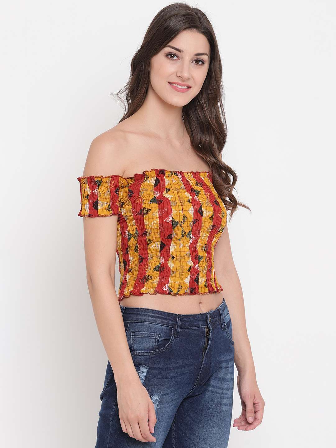 Women’s Rayon Printed Off-Shoulder Smocked Crop Top Short Sleeve Casual Styles Tank Top (FREE SIZE) Multi39
