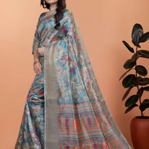 Sky Blue Floral Soft Silk Saree with Multicolor Pallu