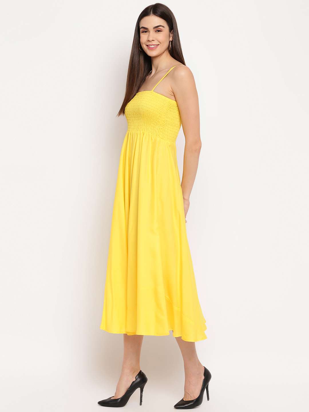 Women’s Viscose Rayon Solid Shoulder Straps Sleeveless Flared Gown Drees (Yellow)