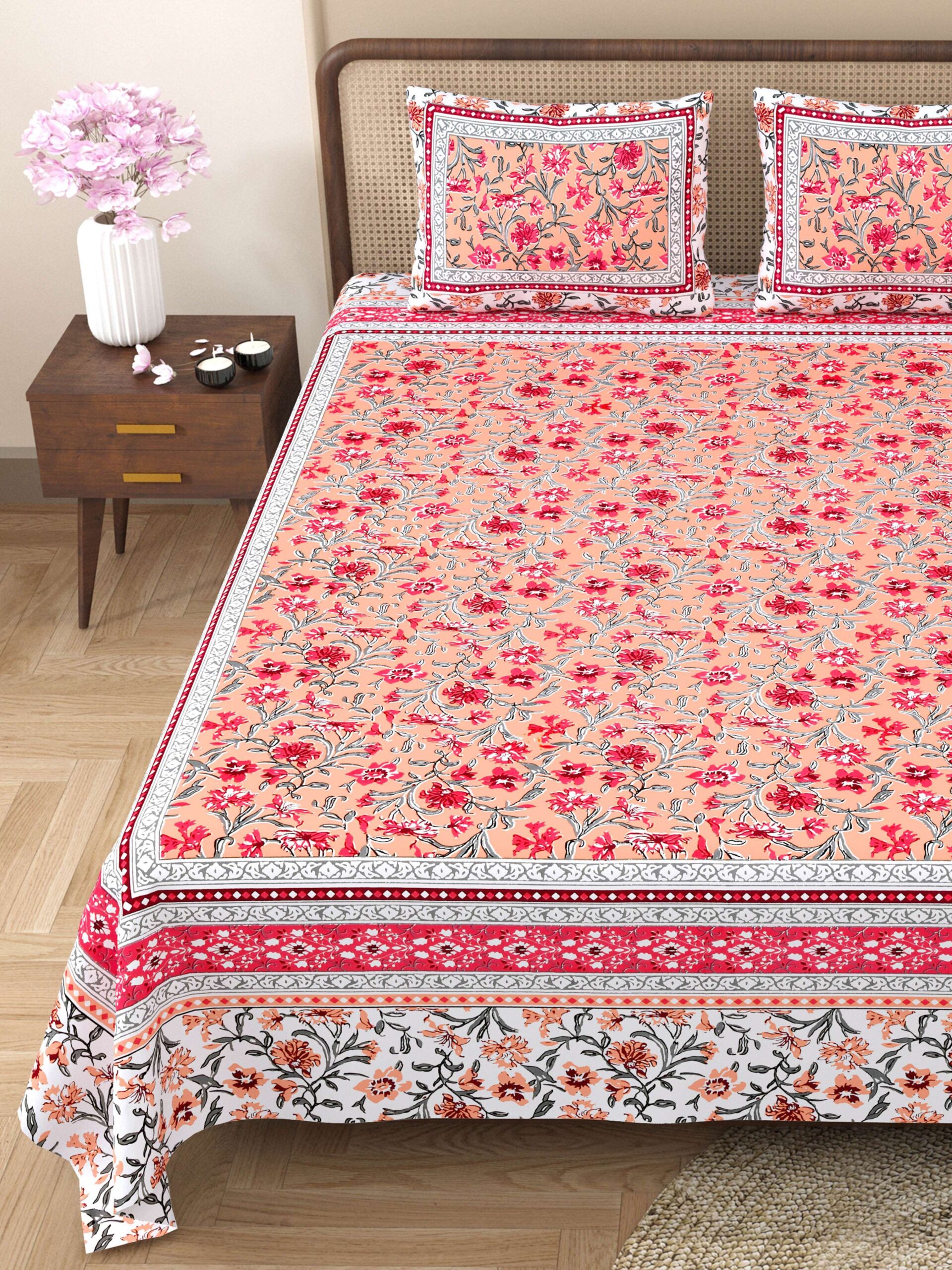 100% Pure Cotton Traditional Printed Bedsheet for Double Bed King Size Bedsheet with 2 Pillow Covers