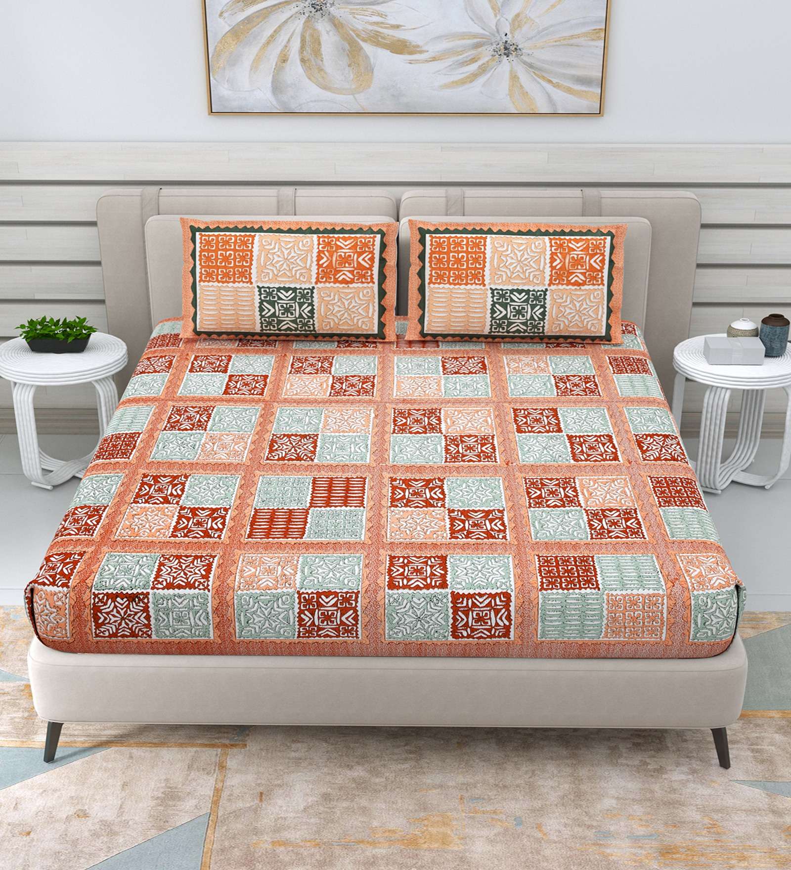 100% Pure Cotton Traditional Printed Bedsheet for Double Bed King Size Bedsheet with 2 Pillow Covers