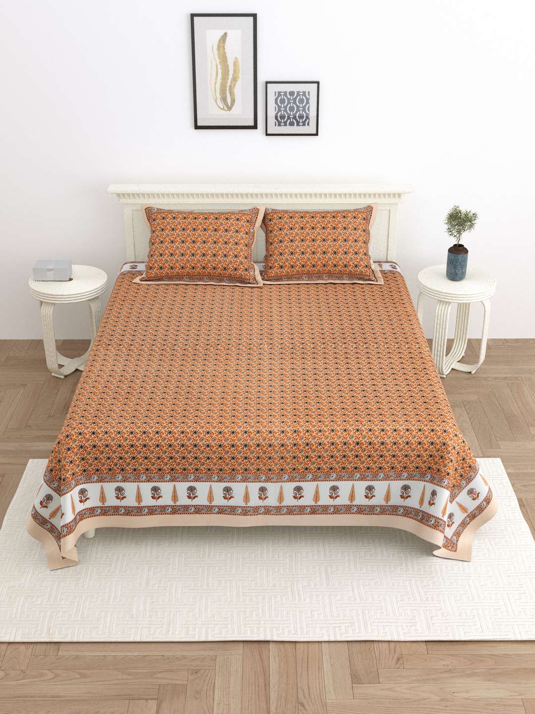 100% Pure Cotton Traditional Printed Bedsheet for Double Bed King Size Bedsheet with 2 Pillow Covers