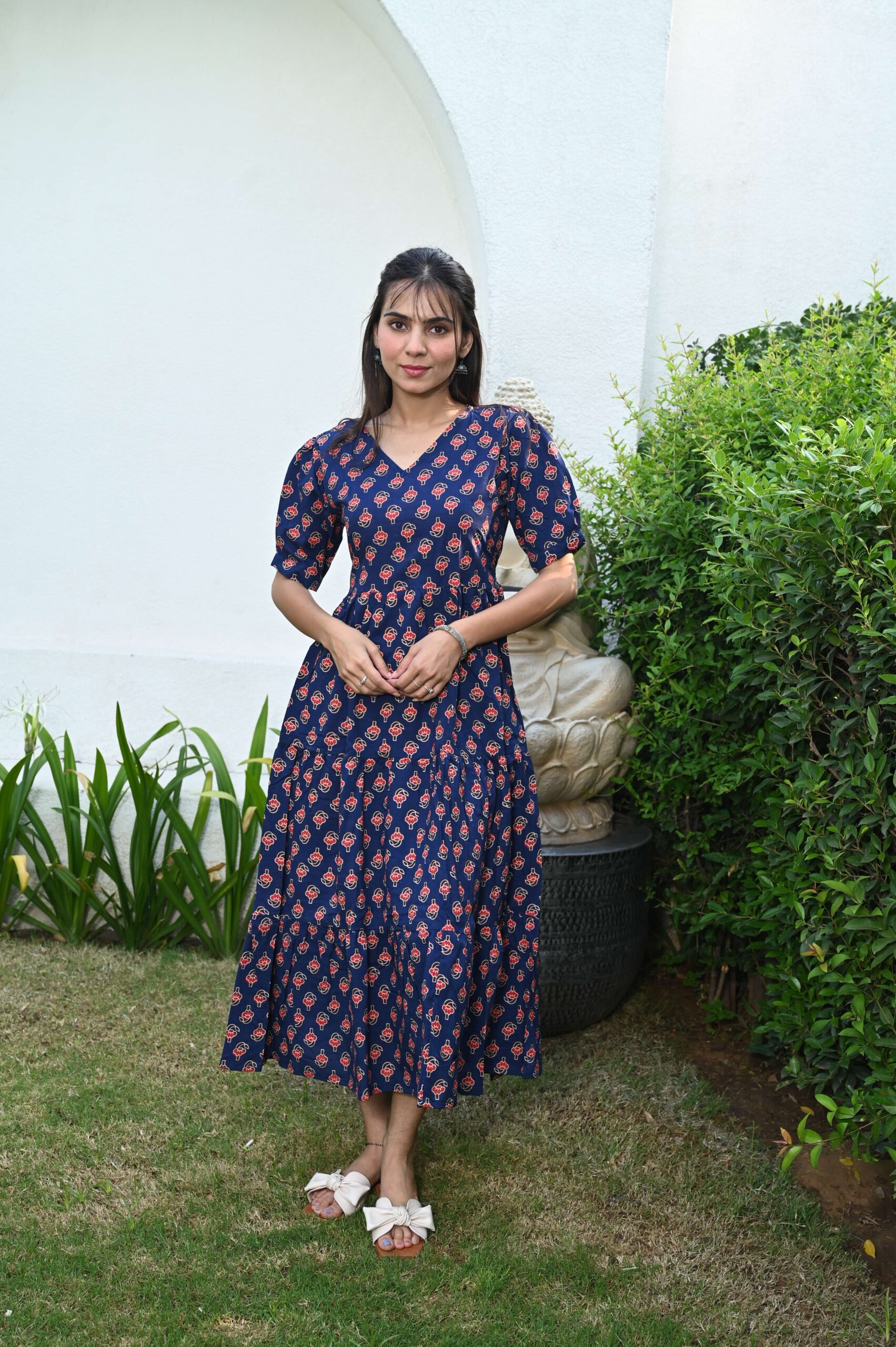 Navy Blue Floral Printed Cotton Anarkali Maxi Dress with Puff Sleeves Elegant Casual Wear - Image 3