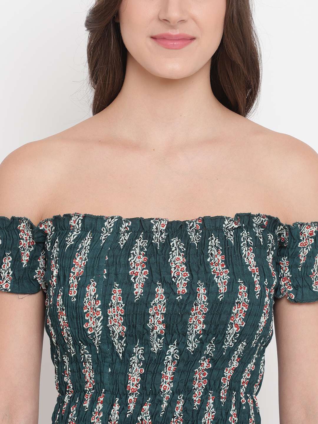 Women’s Rayon Printed Off-Shoulder Smocked Crop Top Short Sleeve Casual Styles Tank Top (FREE SIZE) Multi37 - Image 3