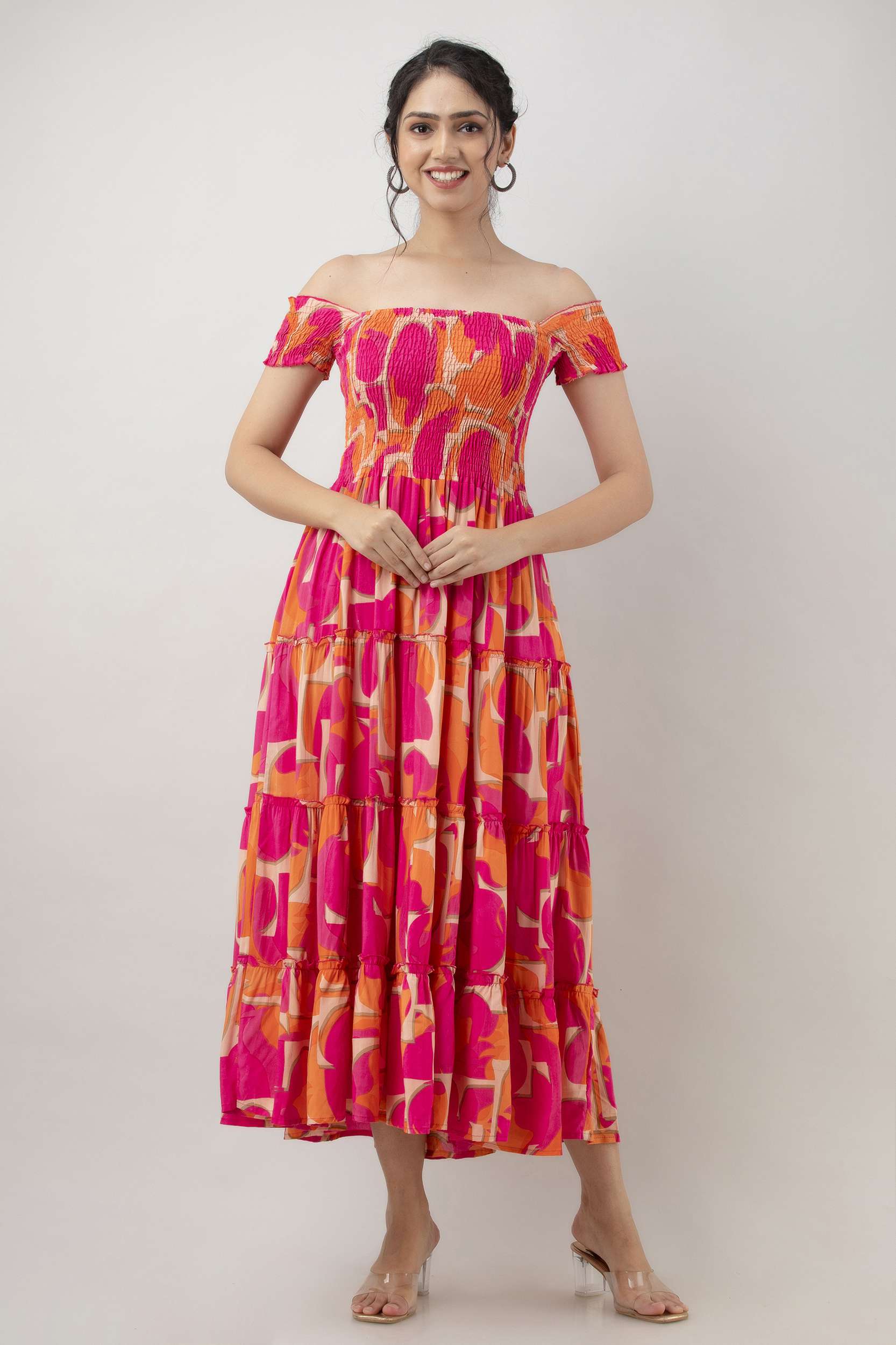 Women’s Viscos Rayon Printed Off Shoulder Midi Dress For Summer And Casual Wear (Pink Strip) - Image 5
