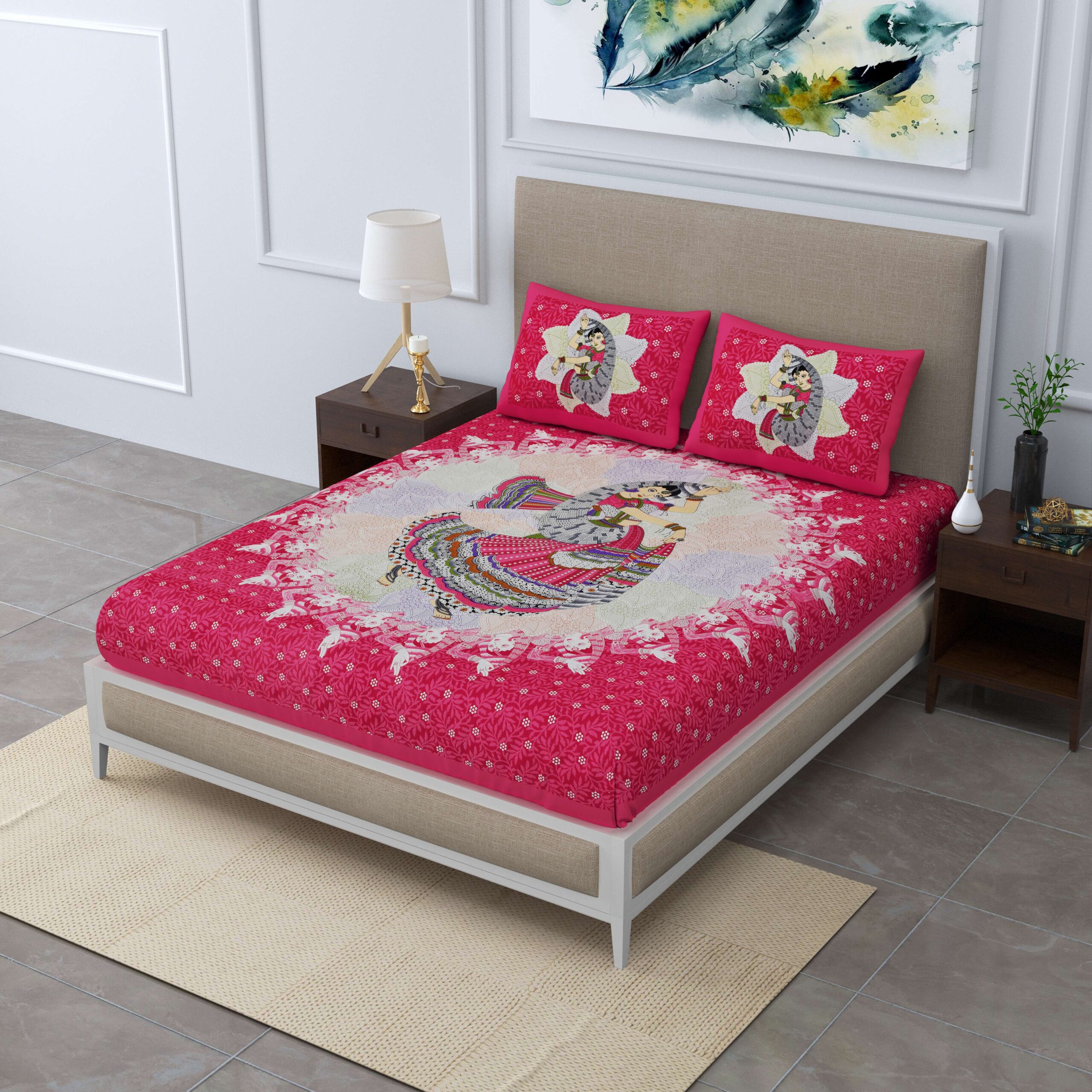 Pink-Colored 100% Cotton Jaipuri Traditional Double Bedsheet With Two Pillow Covers.