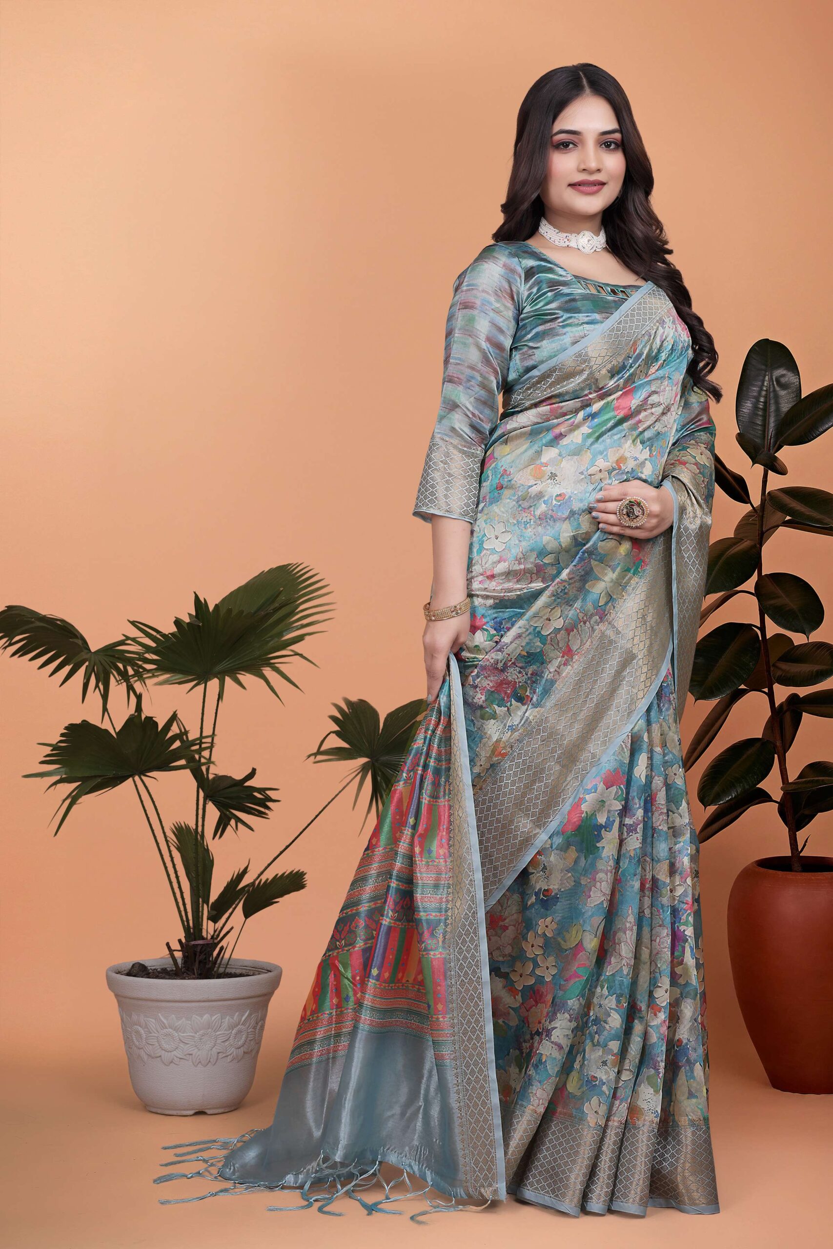 Sky Blue Floral Soft Silk Saree with Multicolor Pallu - Image 6