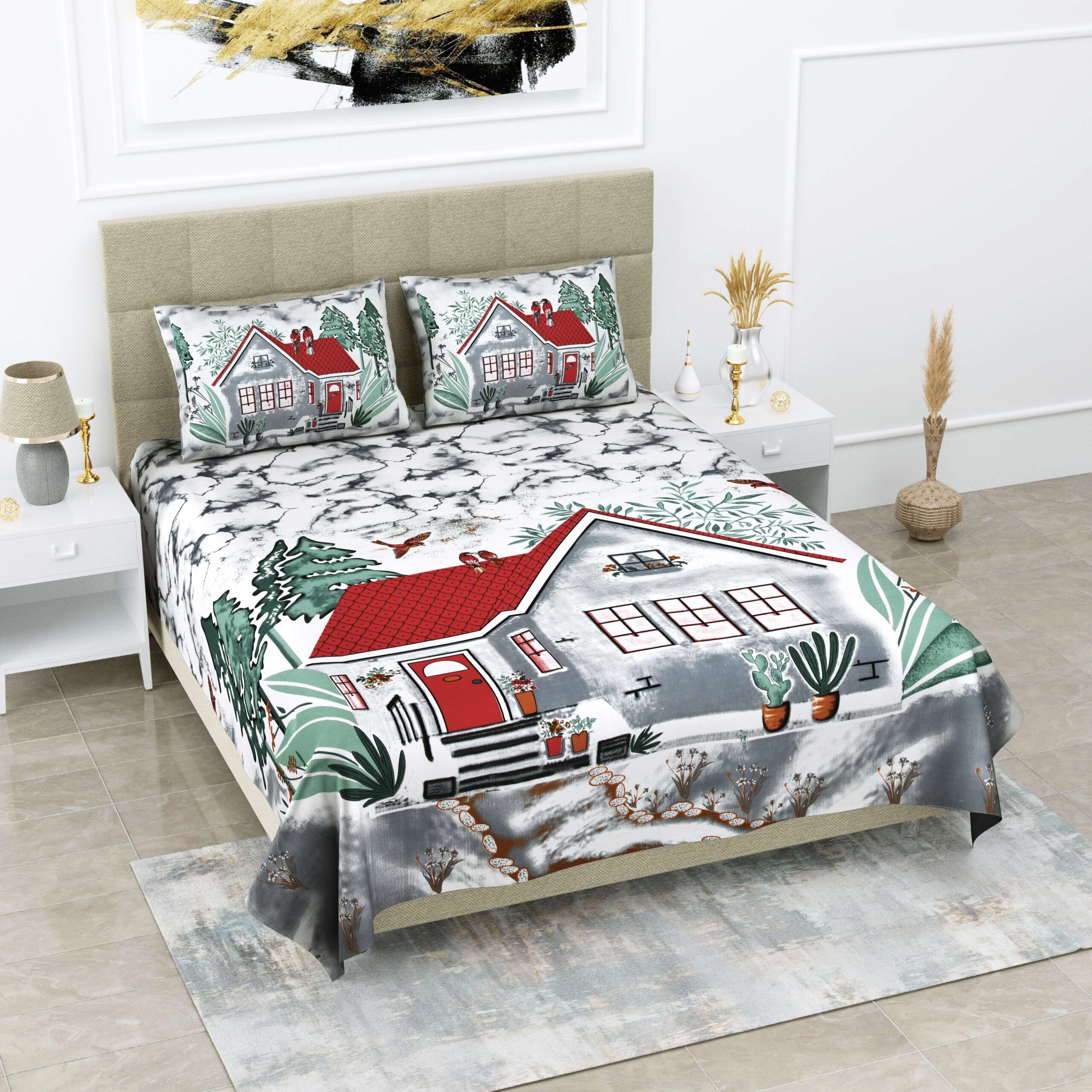 Printed Cotton Chamber Double Bedsheet With Two Pillow Covers
