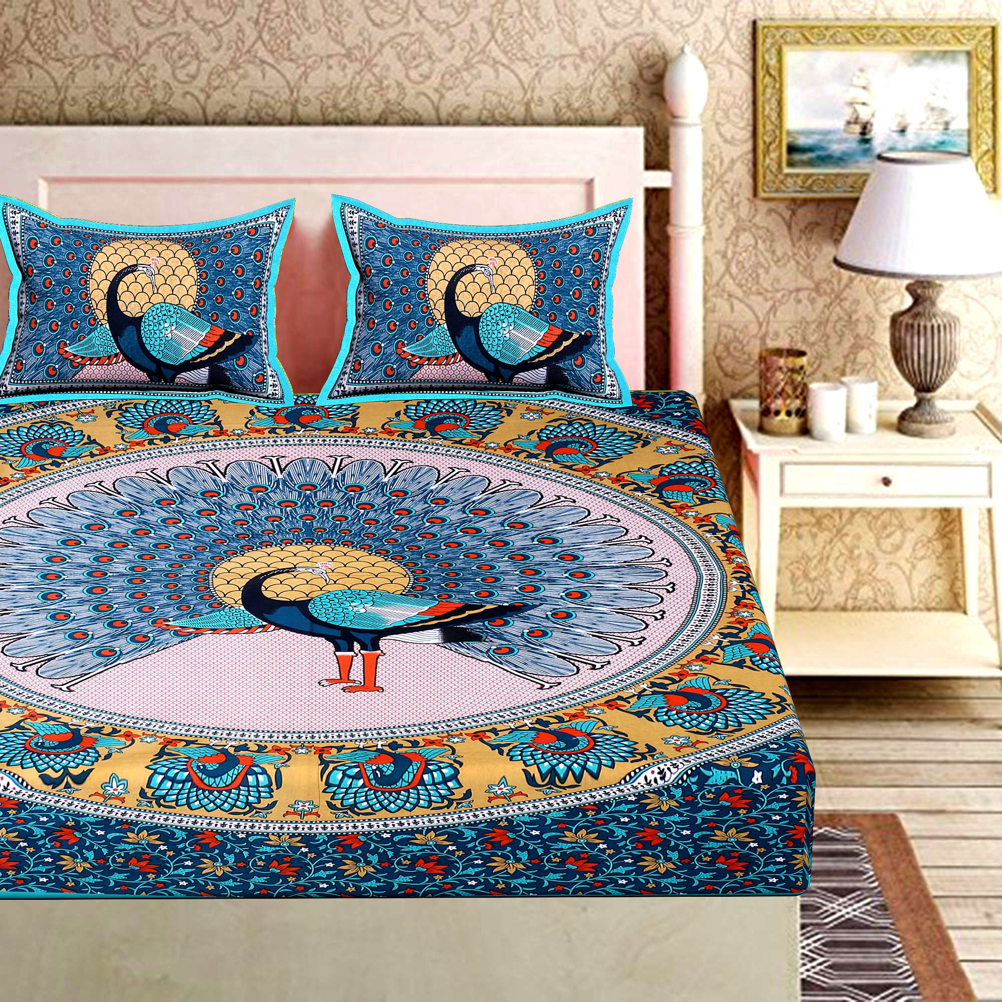 100% Pure Cotton Traditional Printed Bedsheet for Double Bed King Size Bedsheet with 2 Pillow Covers