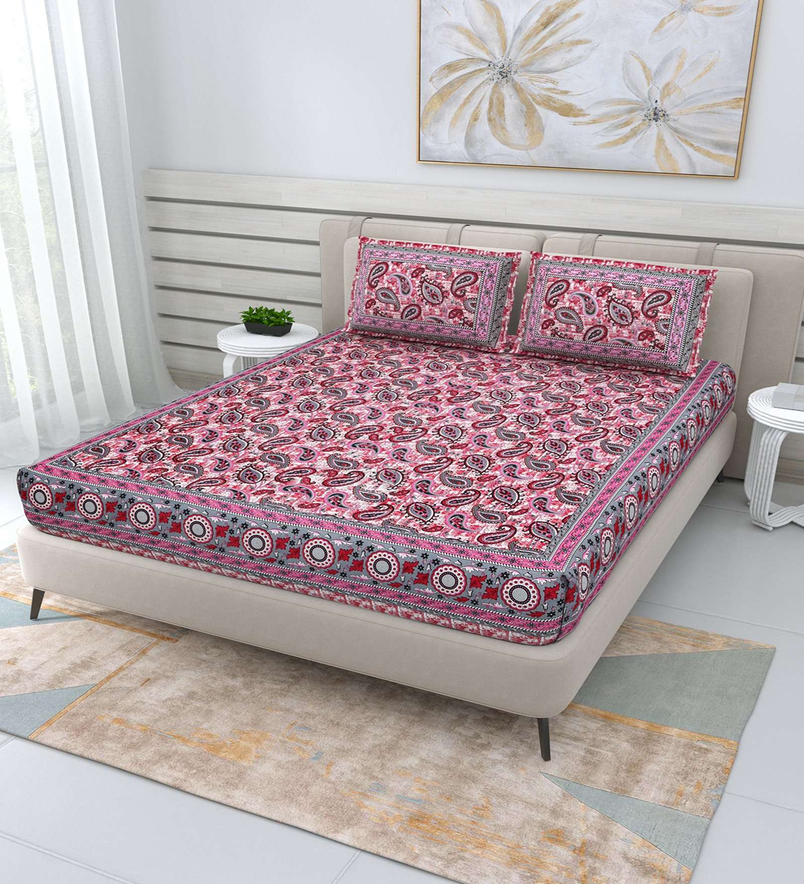 100% Pure Cotton Traditional Printed Bedsheet for Double Bed King Size Bedsheet with 2 Pillow Covers