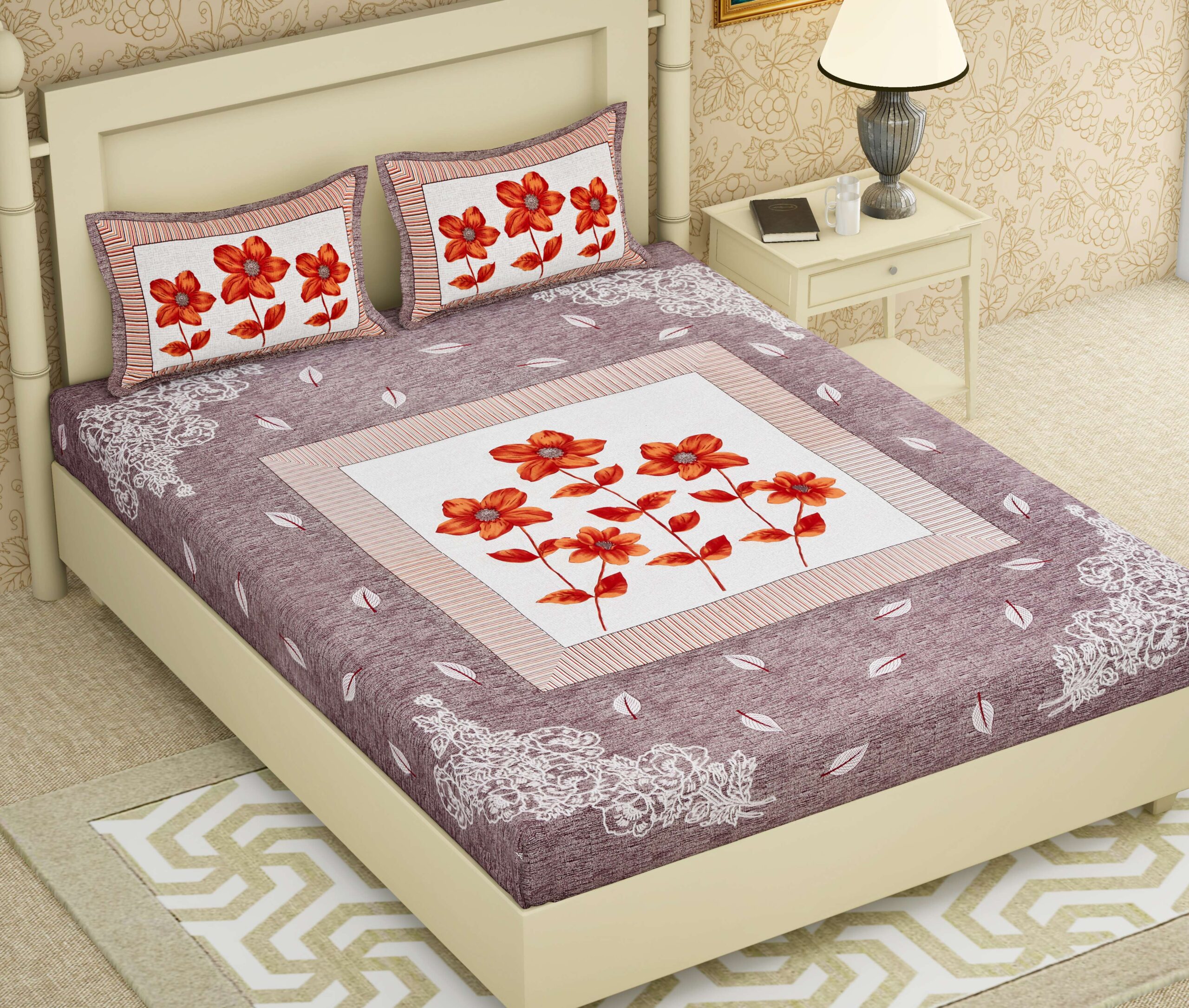 Rajasthani Jaipuri-Stylish Floral Printed Cotton Double Bedsheet With Two Matching Pillow Covers.