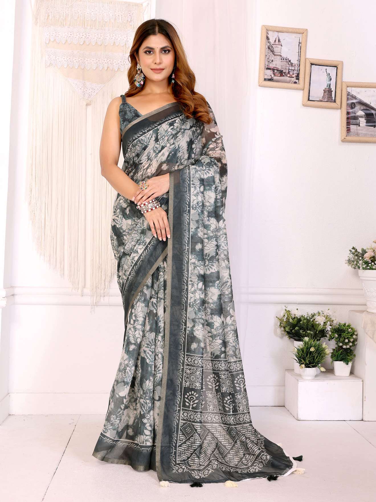 Elegant White Chanderi Saree ? Floral Digital & Ethnic Print with Tassel Border - Image 6