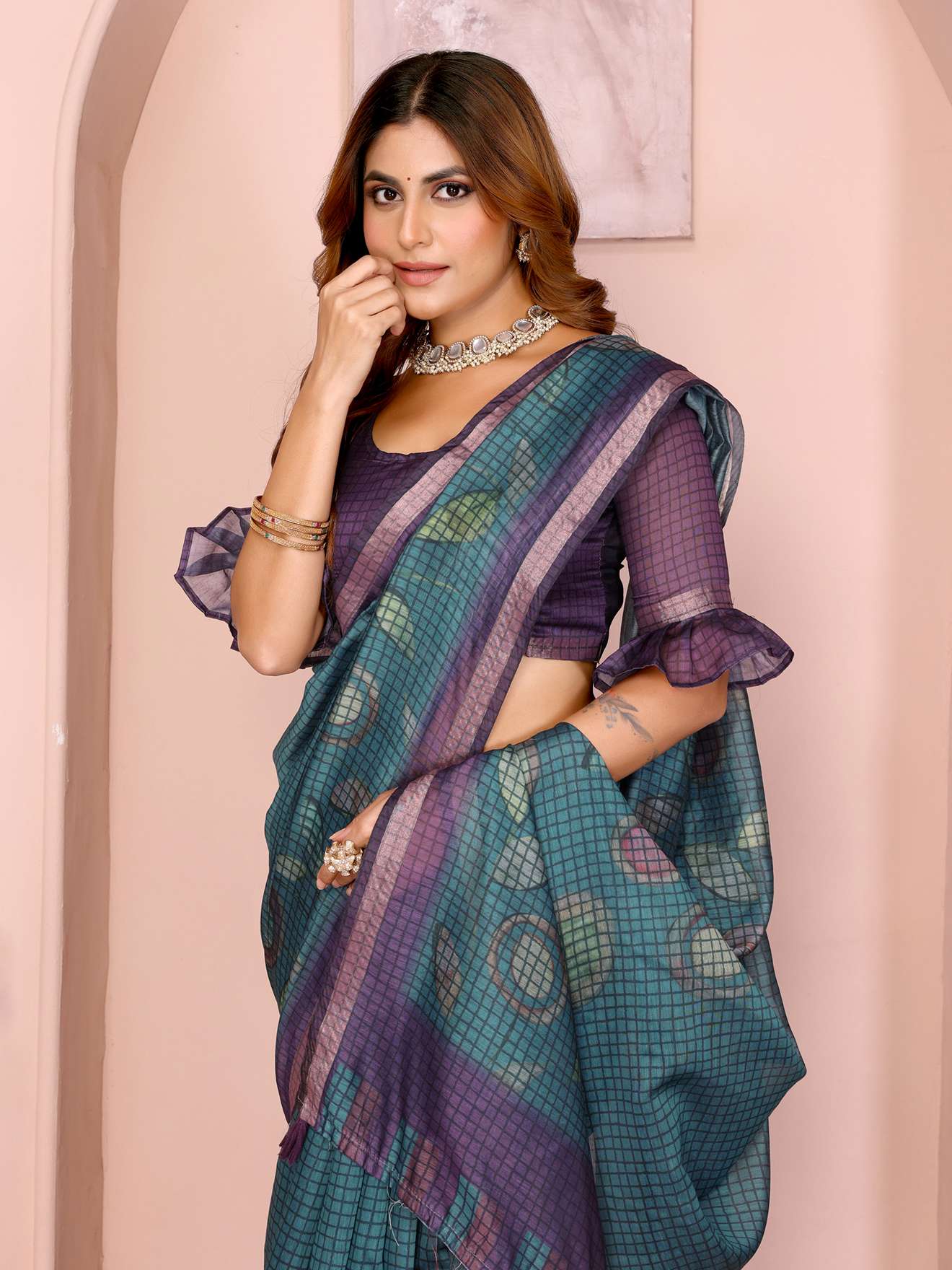 Teal Blue & Purple Black Chanderi Saree ? Checkered Digital Print with Leaf Motifs & Tassel Pallu - Image 6