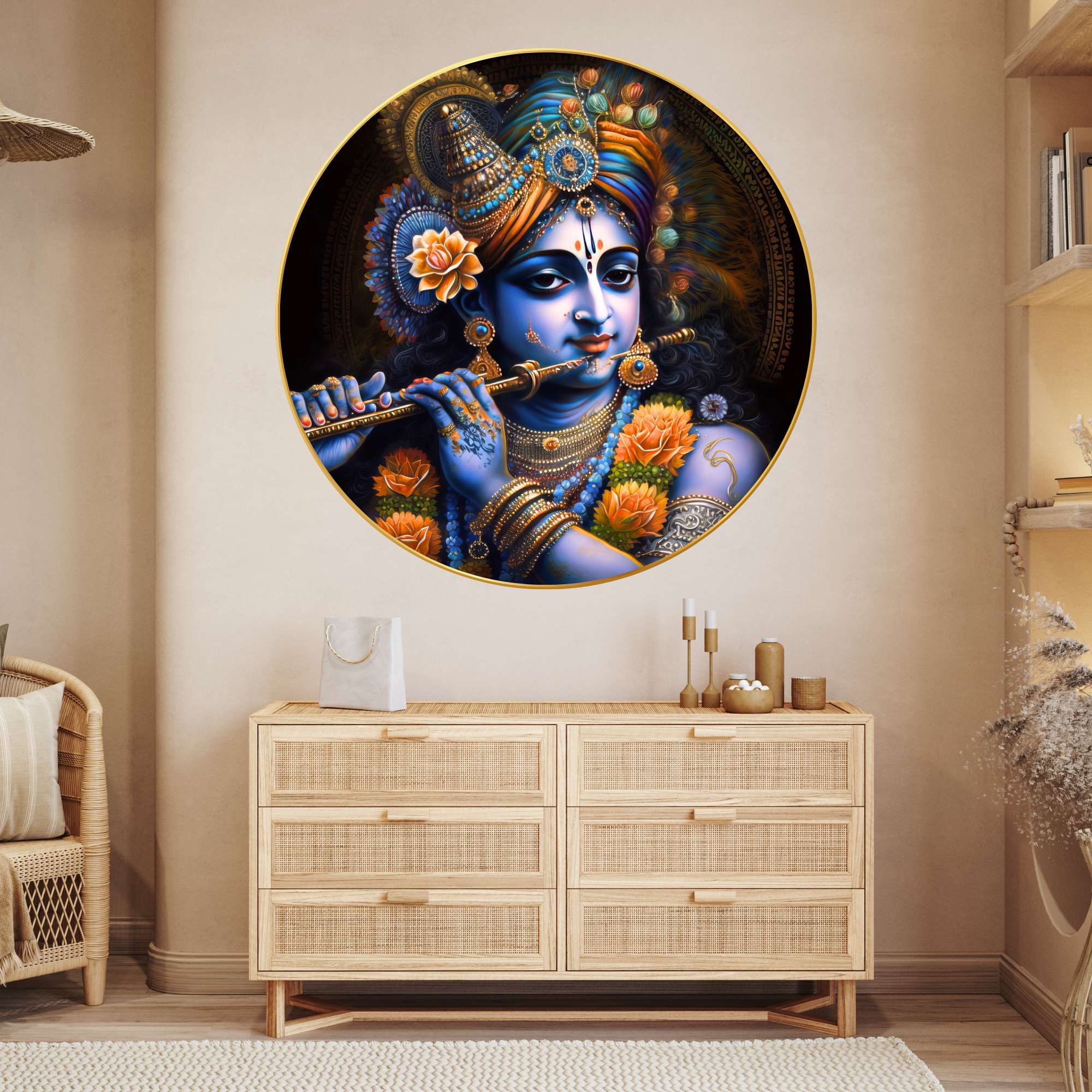 Wall Painting for Wall Decoration with Frame Sparkle Glossy Round Golden Framed Large Painting Office, Living Room, Bedroom,