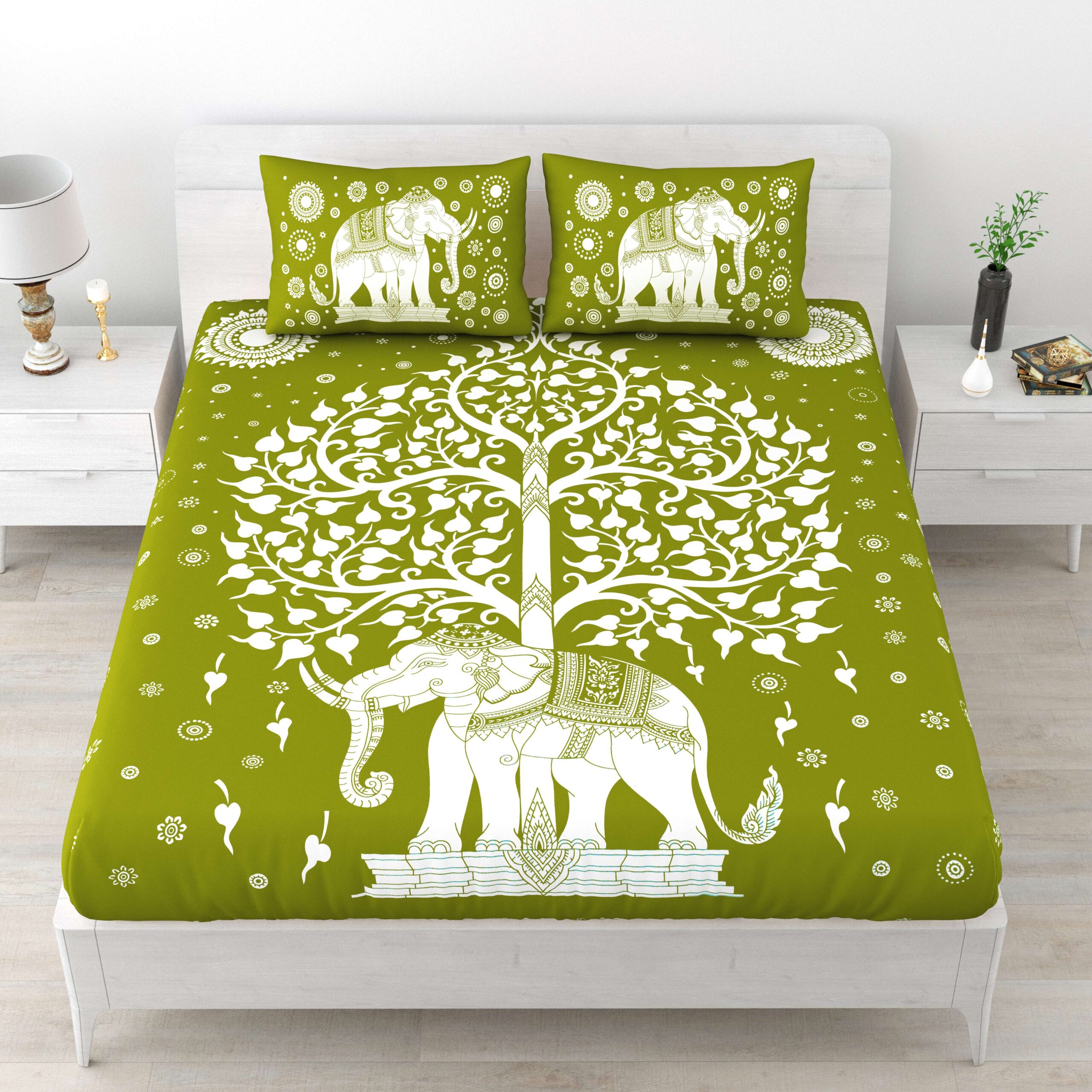Rajasthani Elephant Printed Cotton Double Bedsheet With Two Pillow Covers
