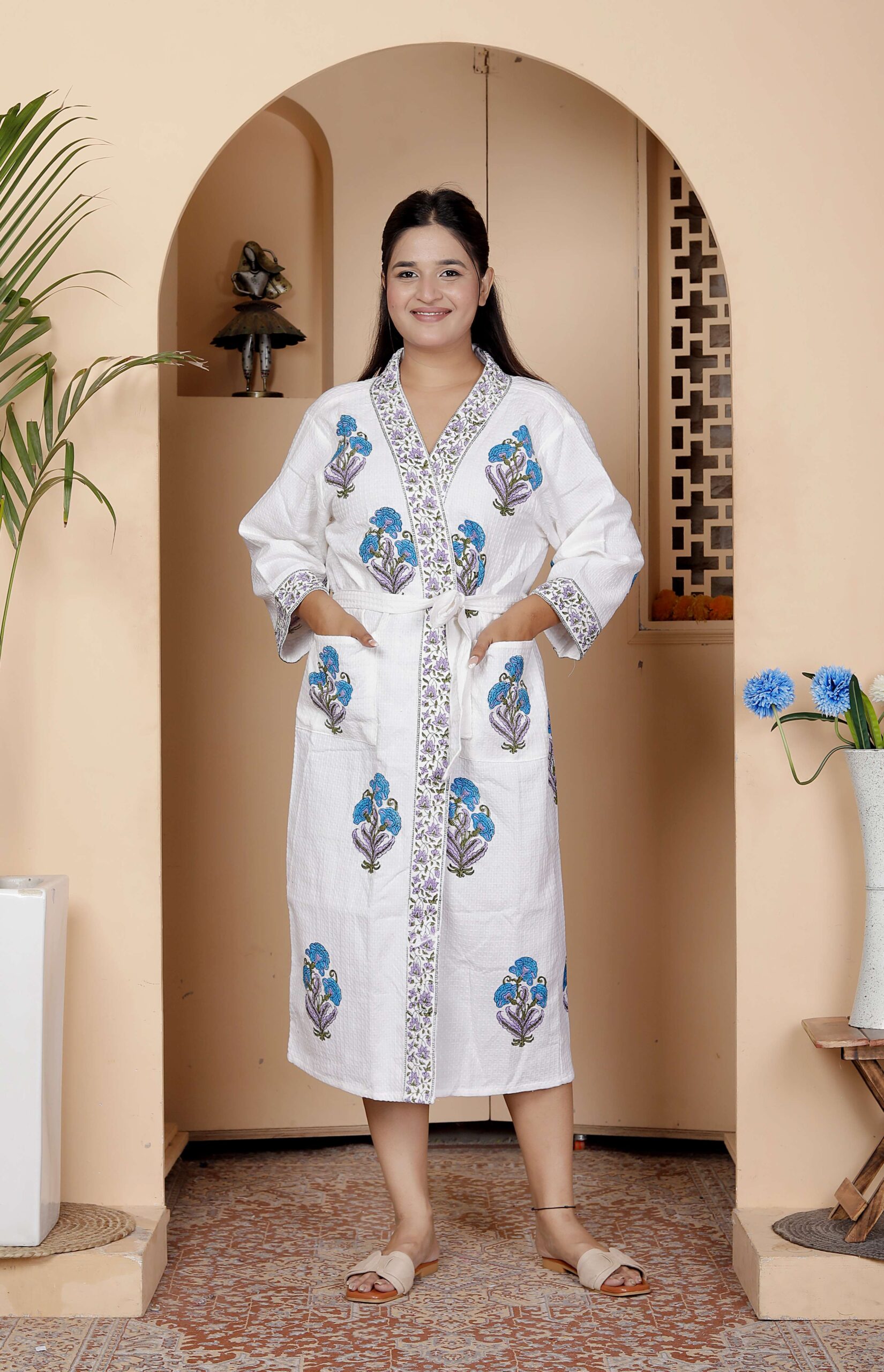 Handcrafted Cotton Block Printed Long Robe | Comfortable Loungewear & Bathrobe for Women