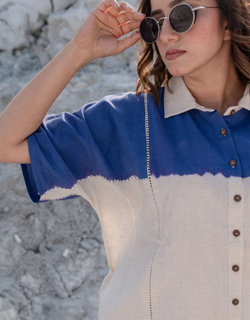 Womenโs Cotton Dip-Dye Pattern Two-Piece Lounge Set Tunic with Wide-Leg Pants, Resort Wear ( Navy Blue Beige )
