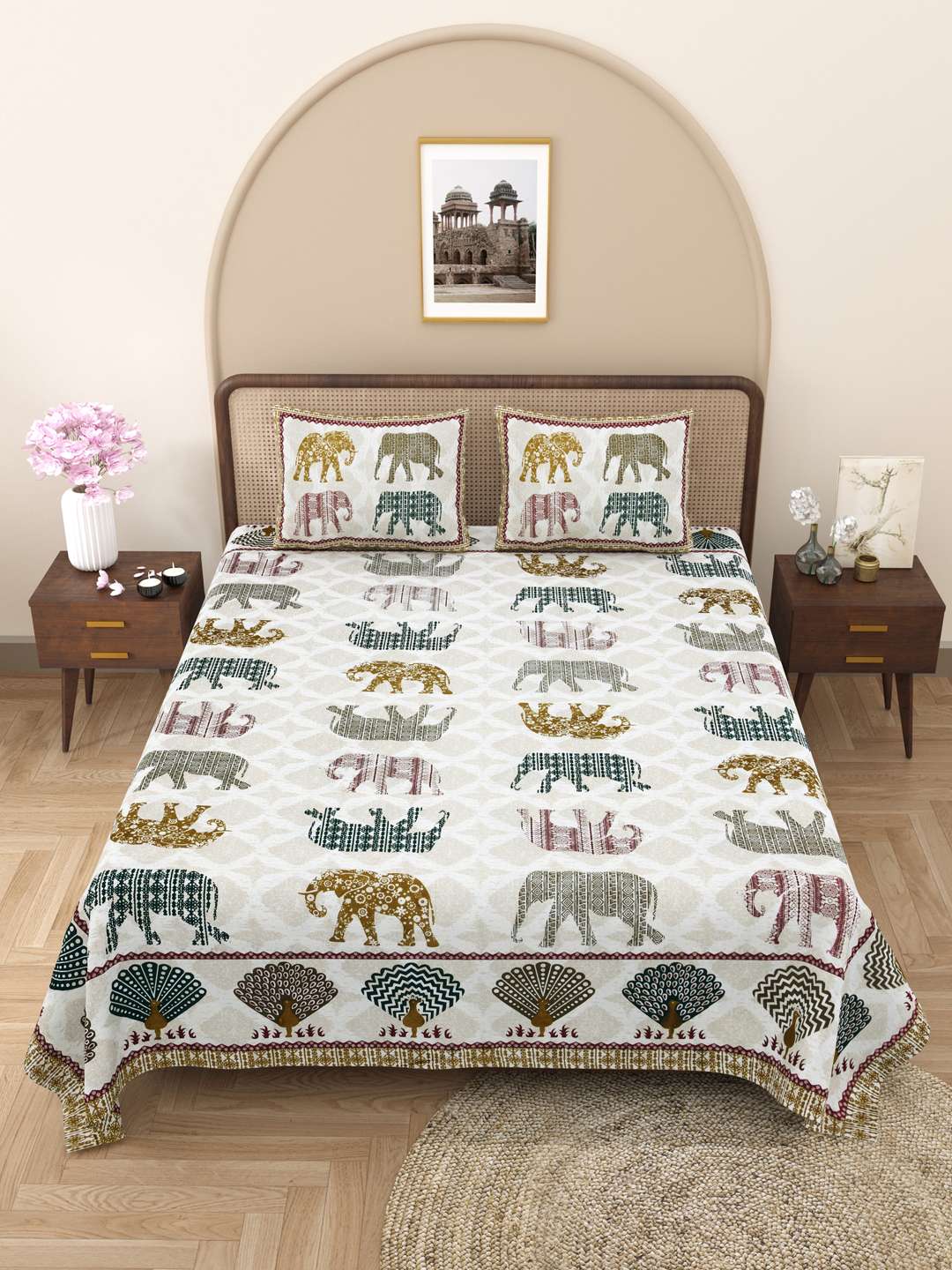 100% Pure Cotton Traditional Printed Bedsheet for Double Bed King Size Bedsheet with 2 Pillow Covers