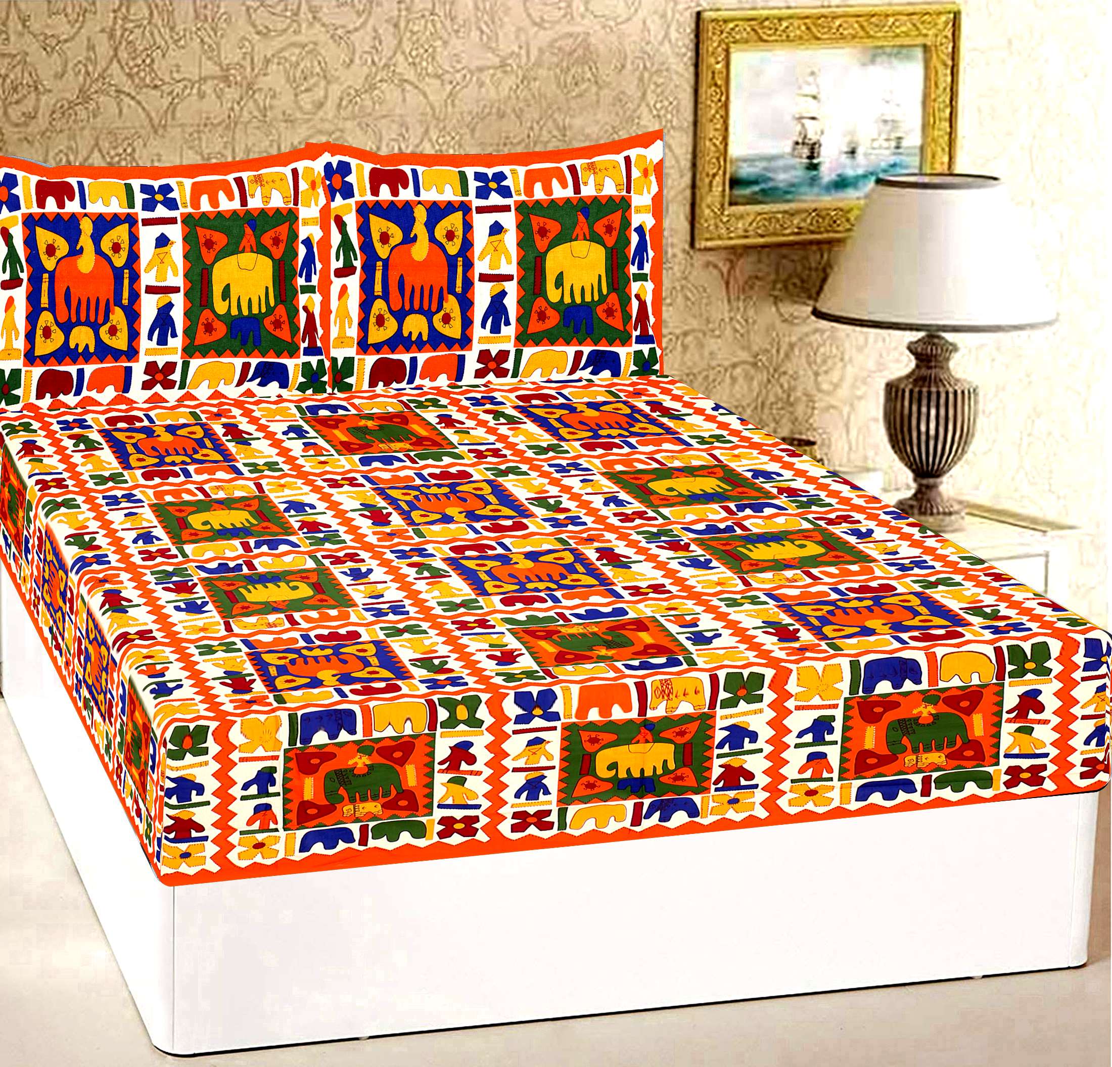 100% Pure Cotton Traditional Printed Bedsheet for Double Bed King Size Bedsheet with 2 Pillow Covers
