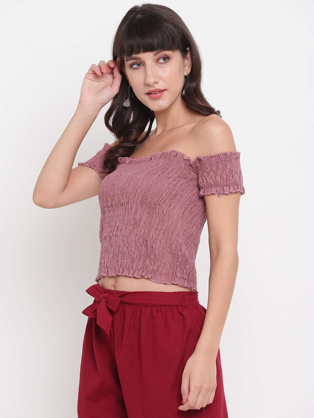 Women’s Rayon Solid Off-Shoulder Smocked Crop Top Short Sleeve Casual Styles Tank Top (FREE SIZE) Multi29