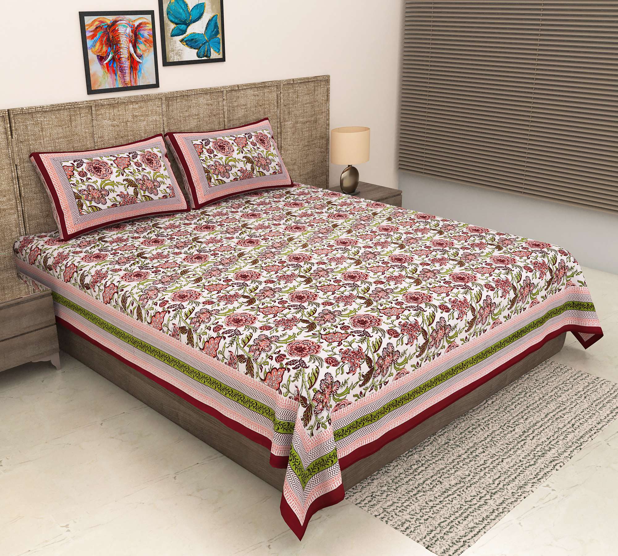 100% Pure Cotton Traditional Printed Bedsheet for Double Bed King Size Bedsheet with 2 Pillow Covers