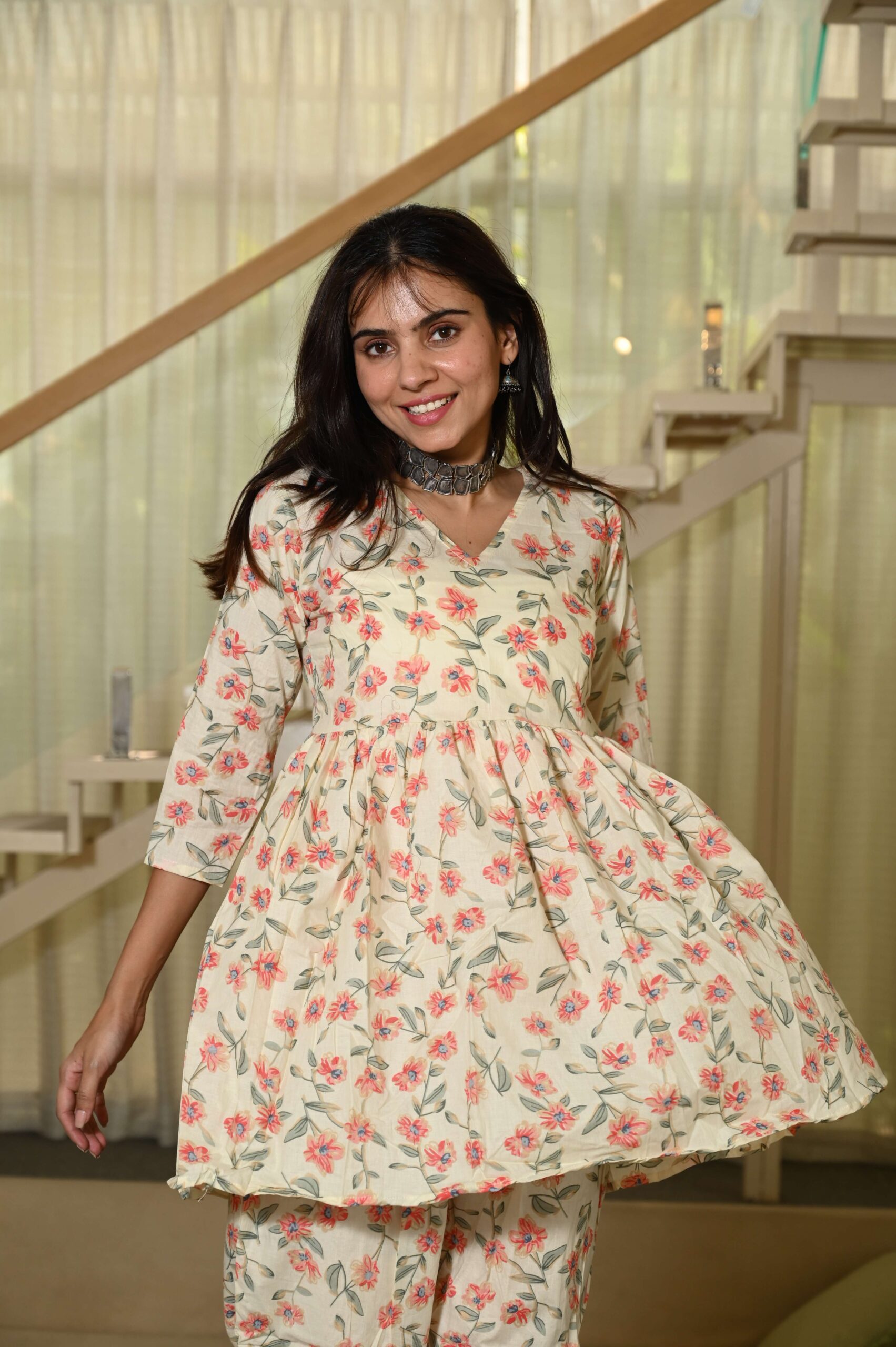 Off-White Floral Print Cotton Co-ord Set for Women ? Peplum Kurta & Straight Pants, Casual Ethnic Wear