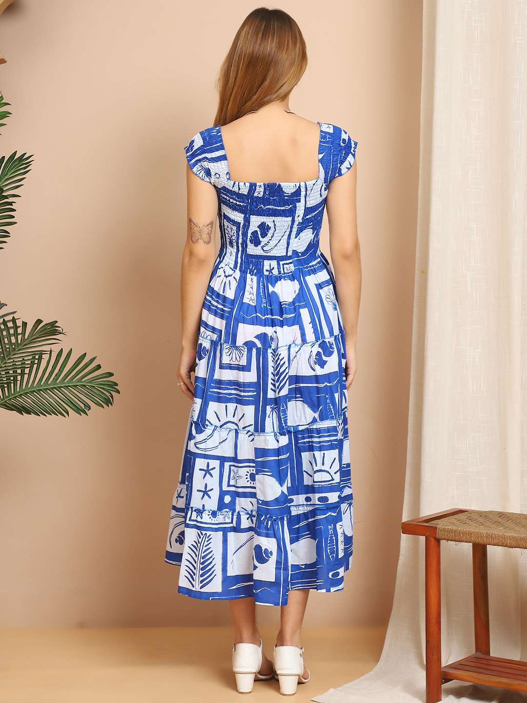 Women’s Viscos Rayon Printed Off Shoulder Midi Dress For Summer And Casual Wear (Blue White)