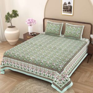 100% Pure Cotton Traditional Printed Bedsheet for Double Bed King Size Bedsheet with 2 Pillow Covers