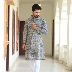 Mens Blue Printed Cotton Kurta with White Pajama ? Traditional Ethnic Wear for Festive & Wedding